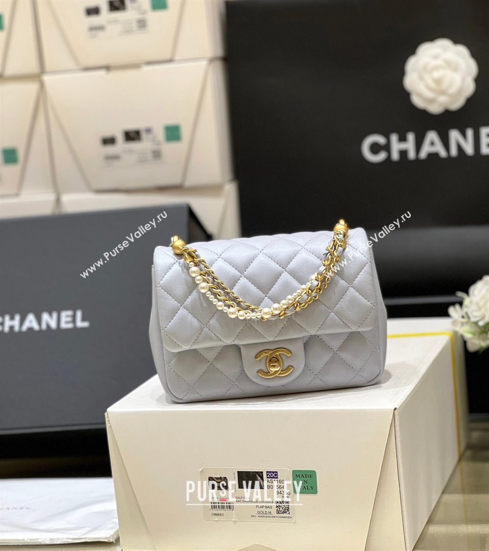 Chanel Shiny Lambskin Mini Flap Bag with Chain and Pearls AS4385 Light Blue 2024 Top Quality (SHUNY-24091211)