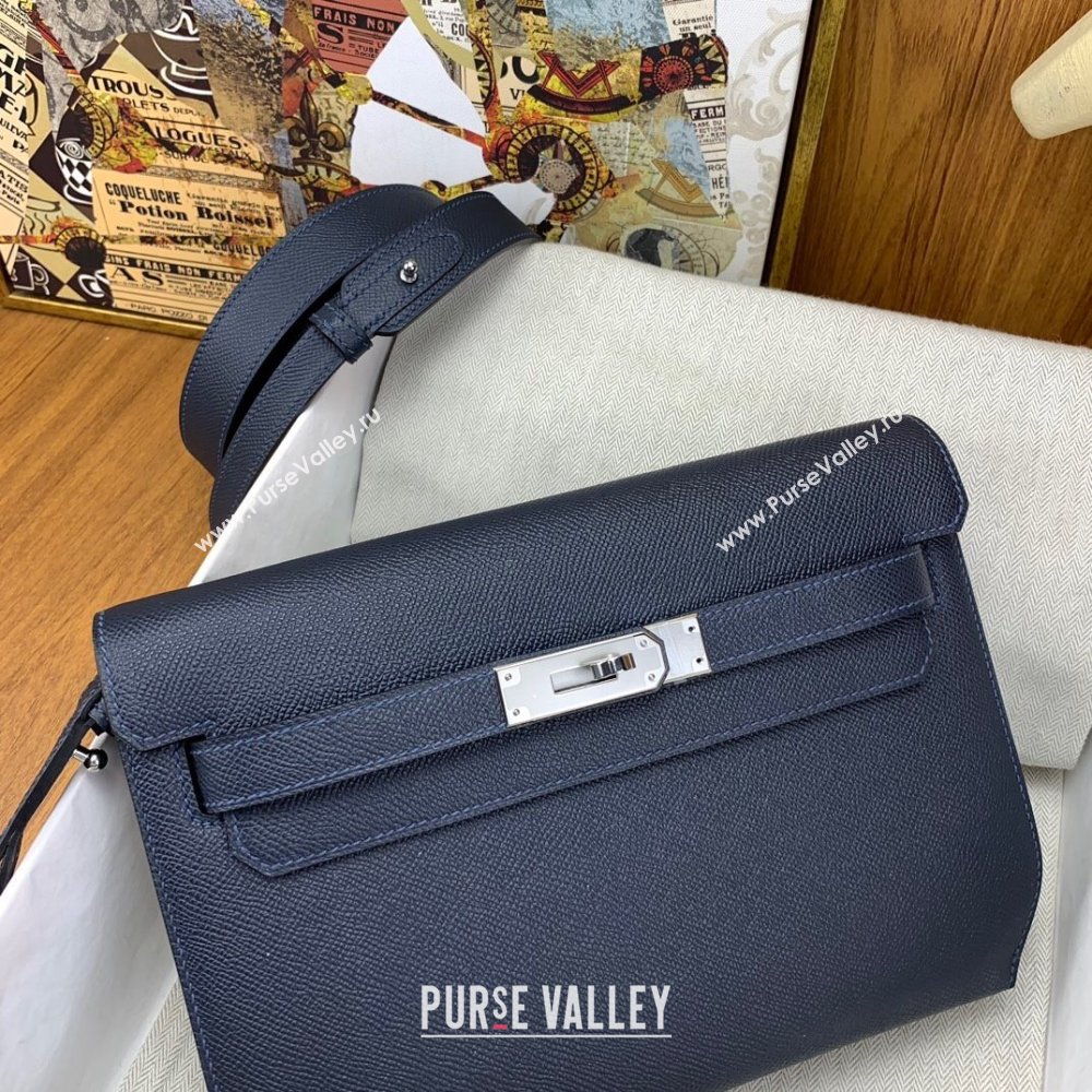 Hermes Kelly Depeches 25 Pouch in Original Epsom Leather Deep Blue/Silver 2024 (Full Handmade) (XYA-24041015)