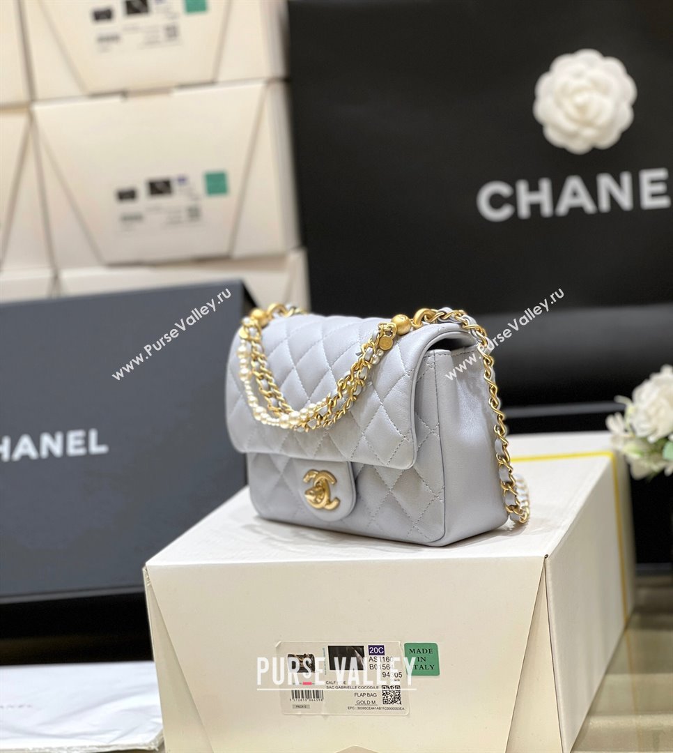 Chanel Shiny Lambskin Mini Flap Bag with Chain and Pearls AS4385 Light Blue 2024 Top Quality (SHUNY-24091211)