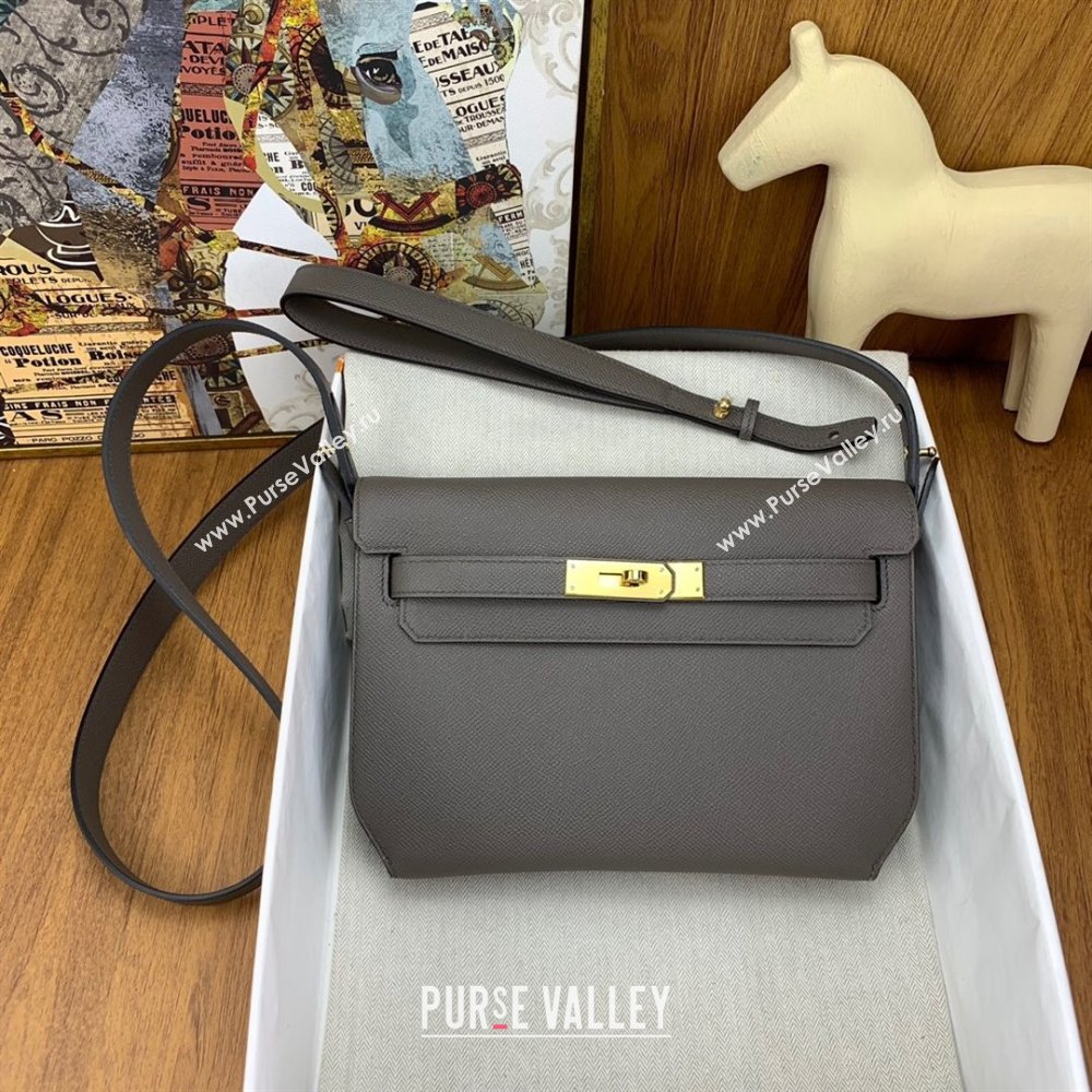 Hermes Kelly Depeches 25 Pouch in Original Epsom Leather Tinware Grey/Gold 2024 (Full Handmade) (XYA-24041016)
