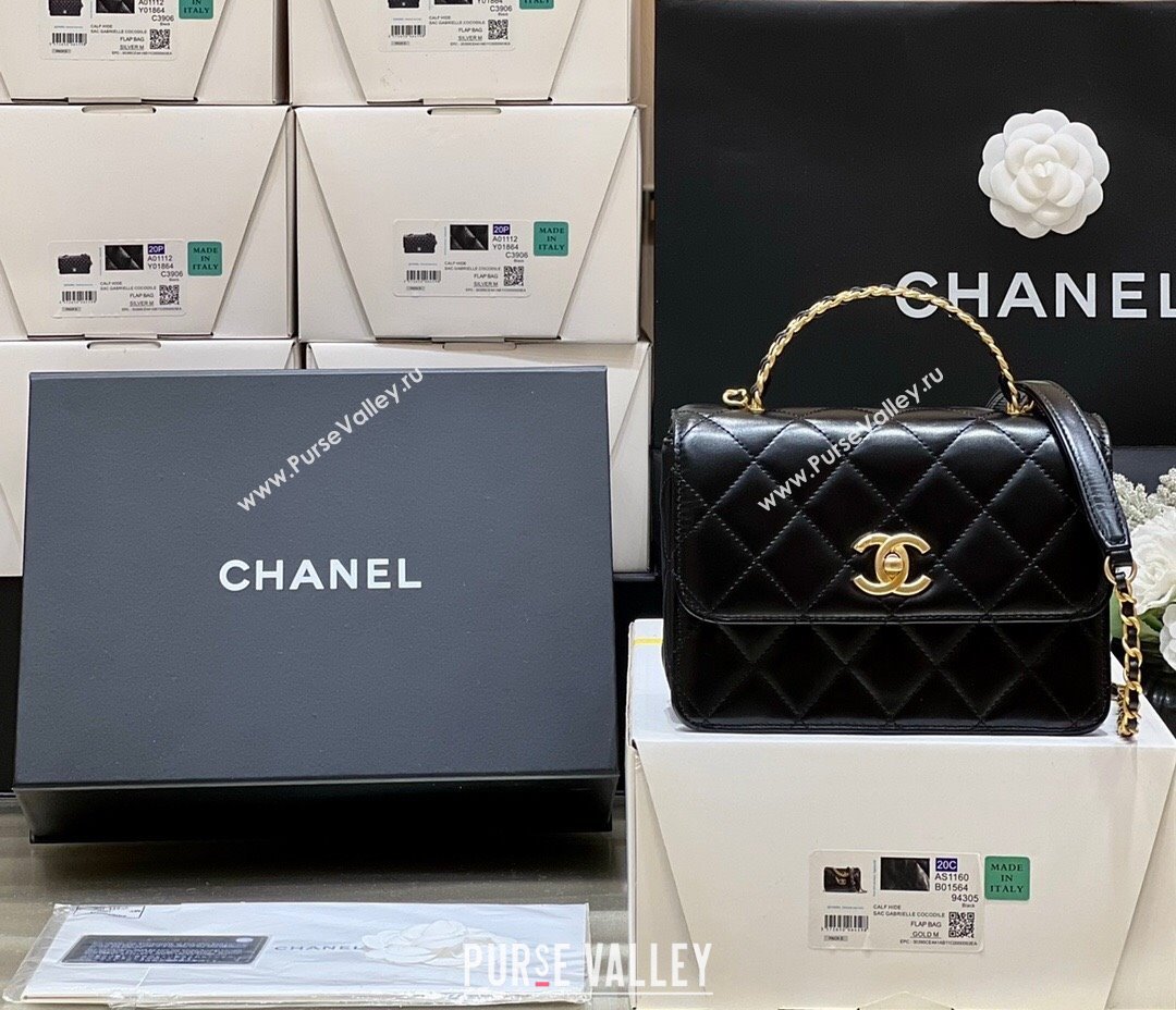 Chanel Shiny Calfskin Mini Flap Bag with Top handle AS3886 Black 2024 Top Quality (SHUNY-24091212)