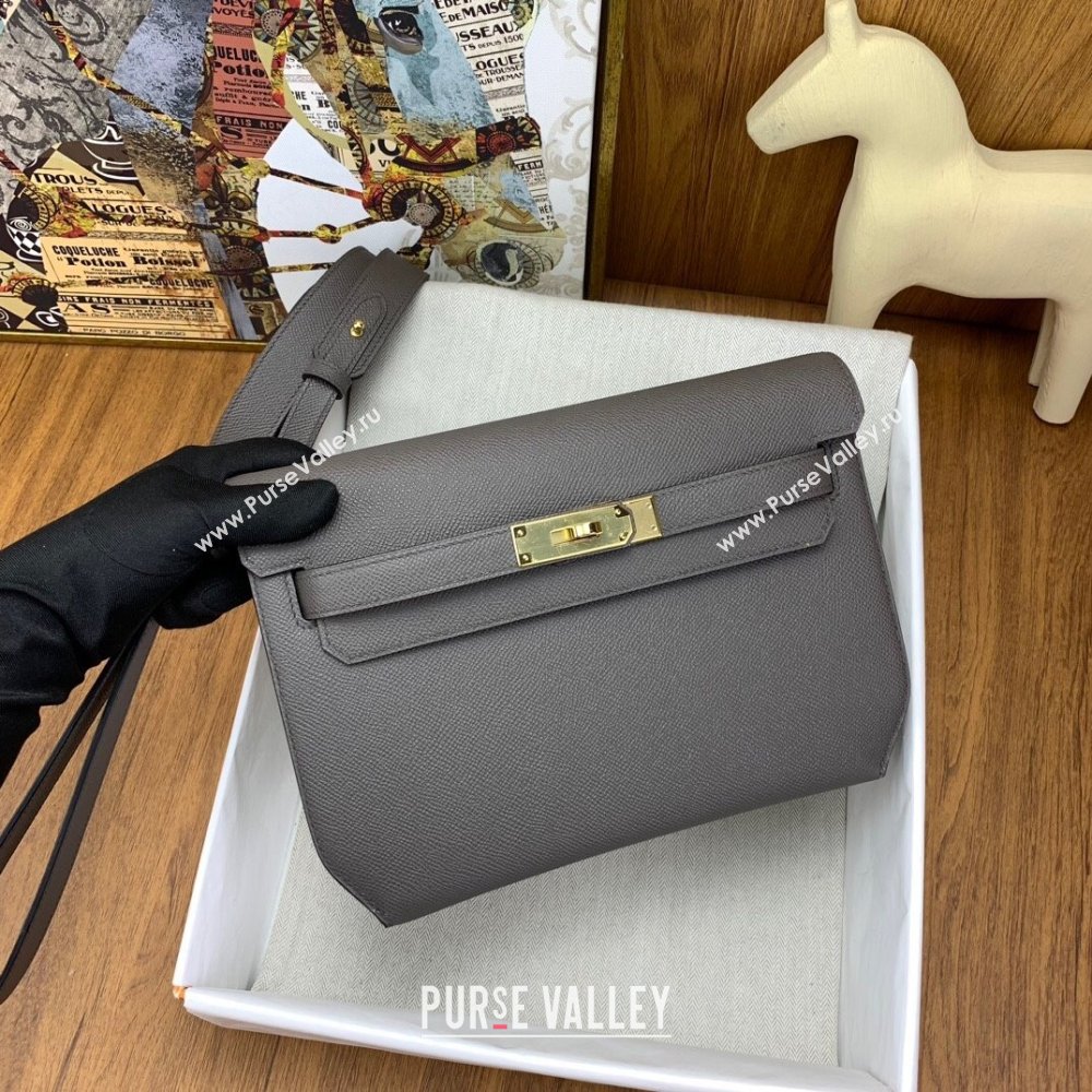 Hermes Kelly Depeches 25 Pouch in Original Epsom Leather Tinware Grey/Gold 2024 (Full Handmade) (XYA-24041016)