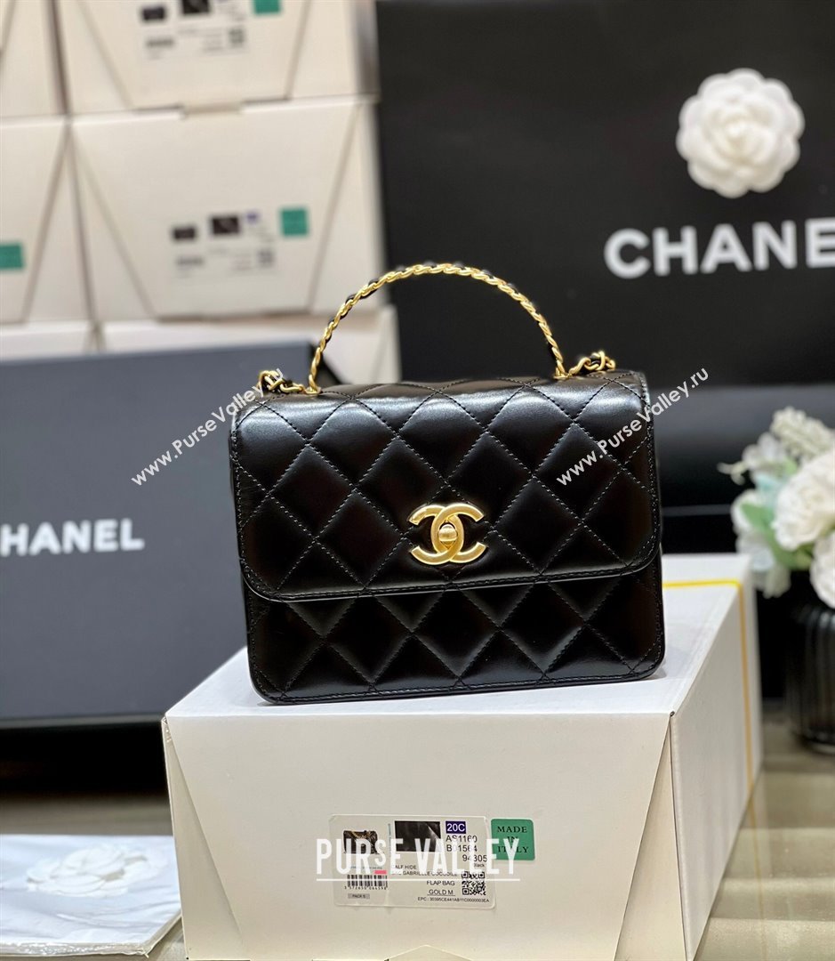 Chanel Shiny Calfskin Mini Flap Bag with Top handle AS3886 Black 2024 Top Quality (SHUNY-24091212)