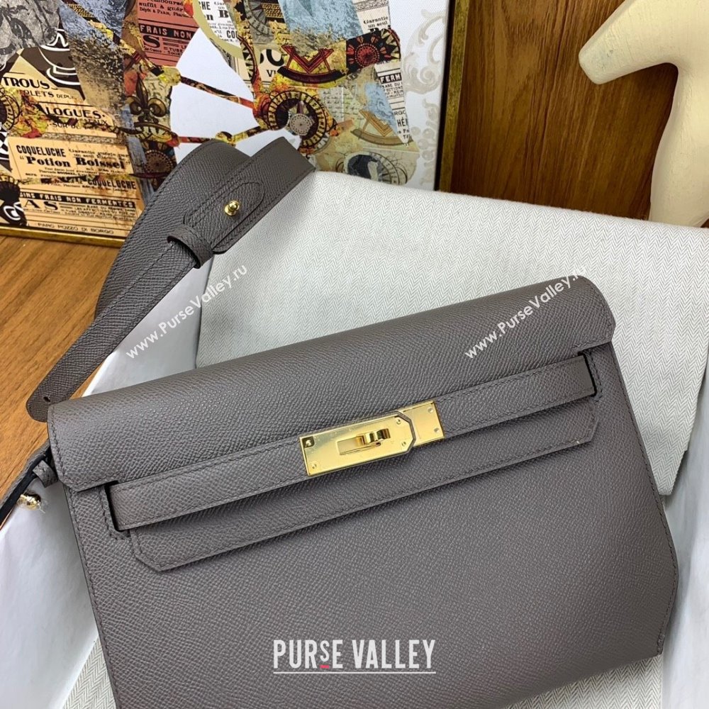 Hermes Kelly Depeches 25 Pouch in Original Epsom Leather Tinware Grey/Gold 2024 (Full Handmade) (XYA-24041016)