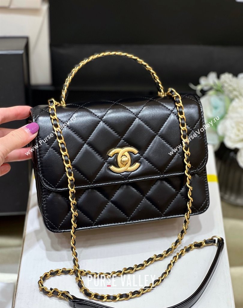 Chanel Shiny Calfskin Mini Flap Bag with Top handle AS3886 Black 2024 Top Quality (SHUNY-24091212)