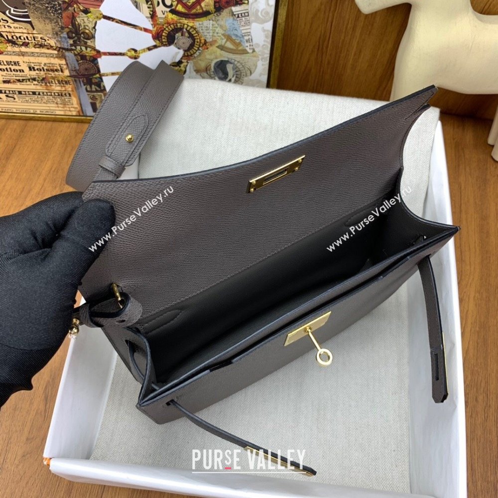 Hermes Kelly Depeches 25 Pouch in Original Epsom Leather Tinware Grey/Gold 2024 (Full Handmade) (XYA-24041016)