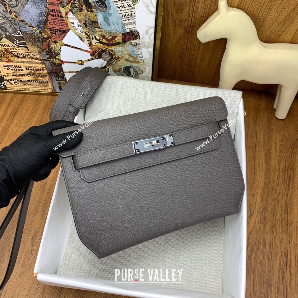 Hermes Kelly Depeches 25 Pouch in Original Epsom Leather Tinware Grey/Silver 2024 (Full Handmade) (XYA-24041017)