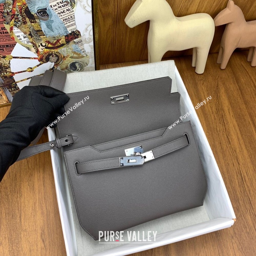 Hermes Kelly Depeches 25 Pouch in Original Epsom Leather Tinware Grey/Silver 2024 (Full Handmade) (XYA-24041017)