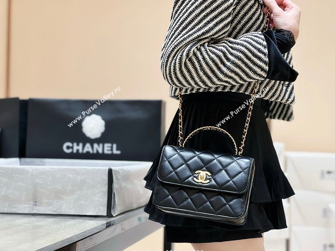 Chanel Shiny Calfskin Mini Flap Bag with Top handle AS3886 Black 2024 Top Quality (SHUNY-24091212)