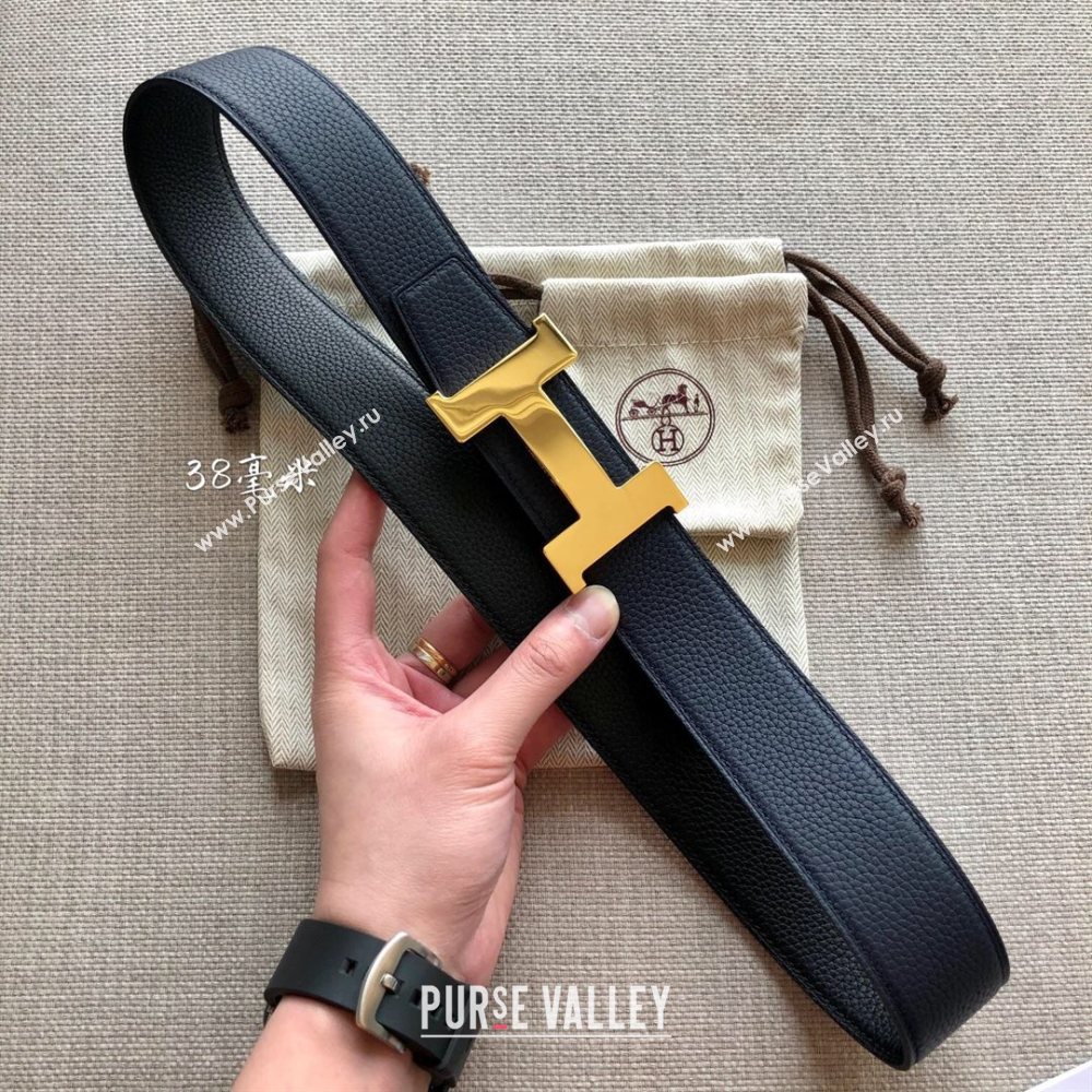 Hermes Constance Calfskin Belt 38mm with H Buckle Black/Dark Blue 2021 (SJ-21031503)