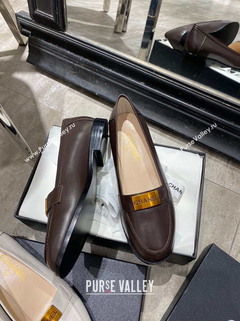 Chanel Calfskin Loafers with Logo Metal Dark Brown 2020 (MD-20111229)