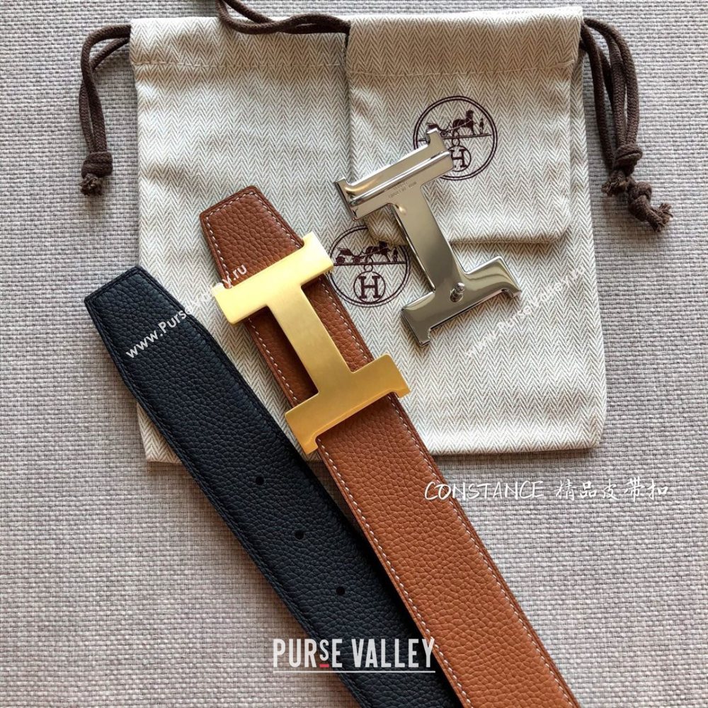 Hermes Constance Calfskin Belt 38mm with H Buckle Black/Clay Brown 2021 (SJ-21031504)