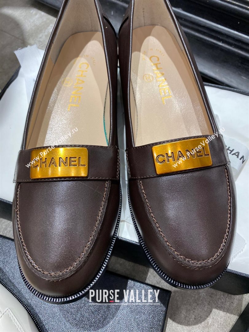 Chanel Calfskin Loafers with Logo Metal Dark Brown 2020 (MD-20111229)