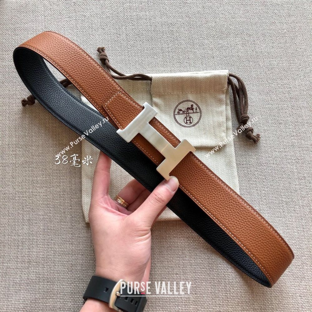 Hermes Constance Calfskin Belt 38mm with H Buckle Black/Clay Brown 2021 (SJ-21031504)