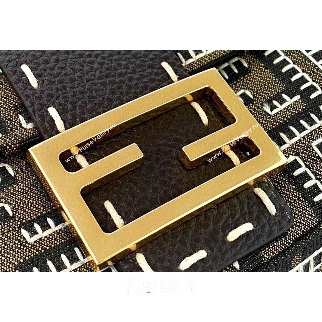 Fendi Baguette Medium Bag in Embroidered FF Fabric Brown/White 2021 (CL-21090641)