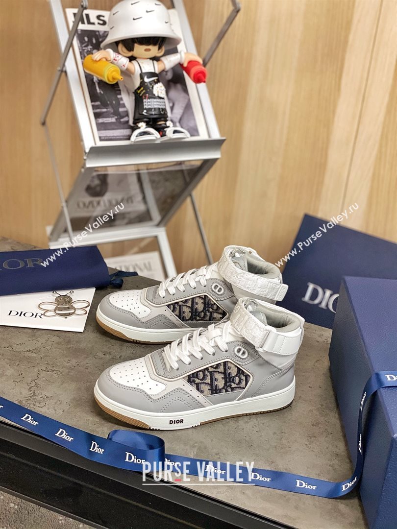 Dior B27 High-Top Sneakers in Grey Calfskin and Black Oblique Jacquard 2020 (For Women and Men) (MD-20120343)