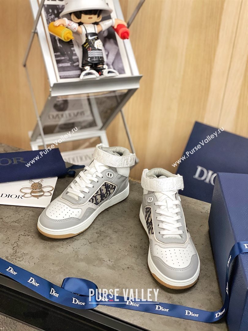 Dior B27 High-Top Sneakers in Grey Calfskin and Black Oblique Jacquard 2020 (For Women and Men) (MD-20120343)