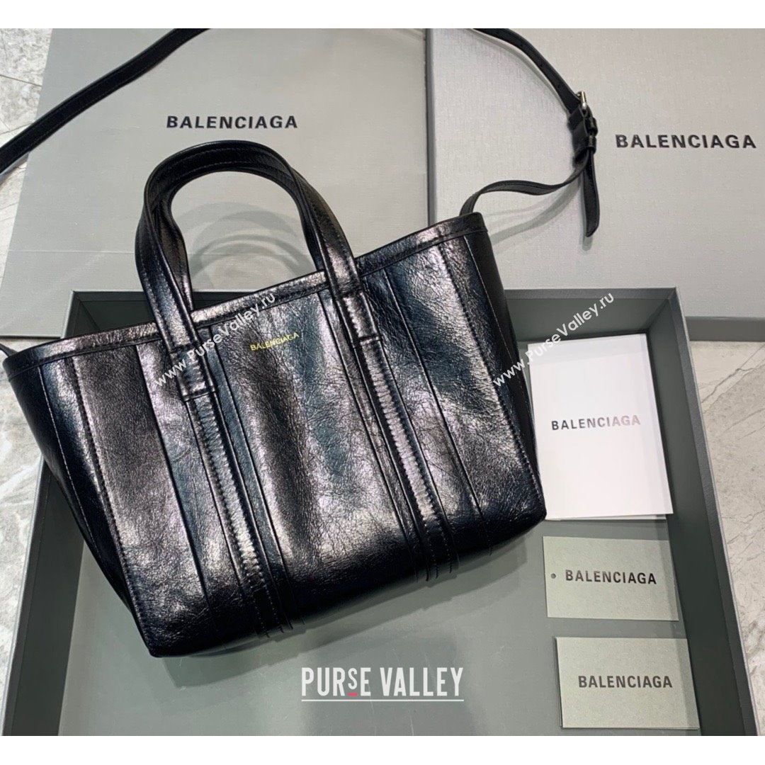 Balenciaga Barbes Small East-West Shopper Bag in Striped Lambskin Black Leather 2021 (JM-21091028)