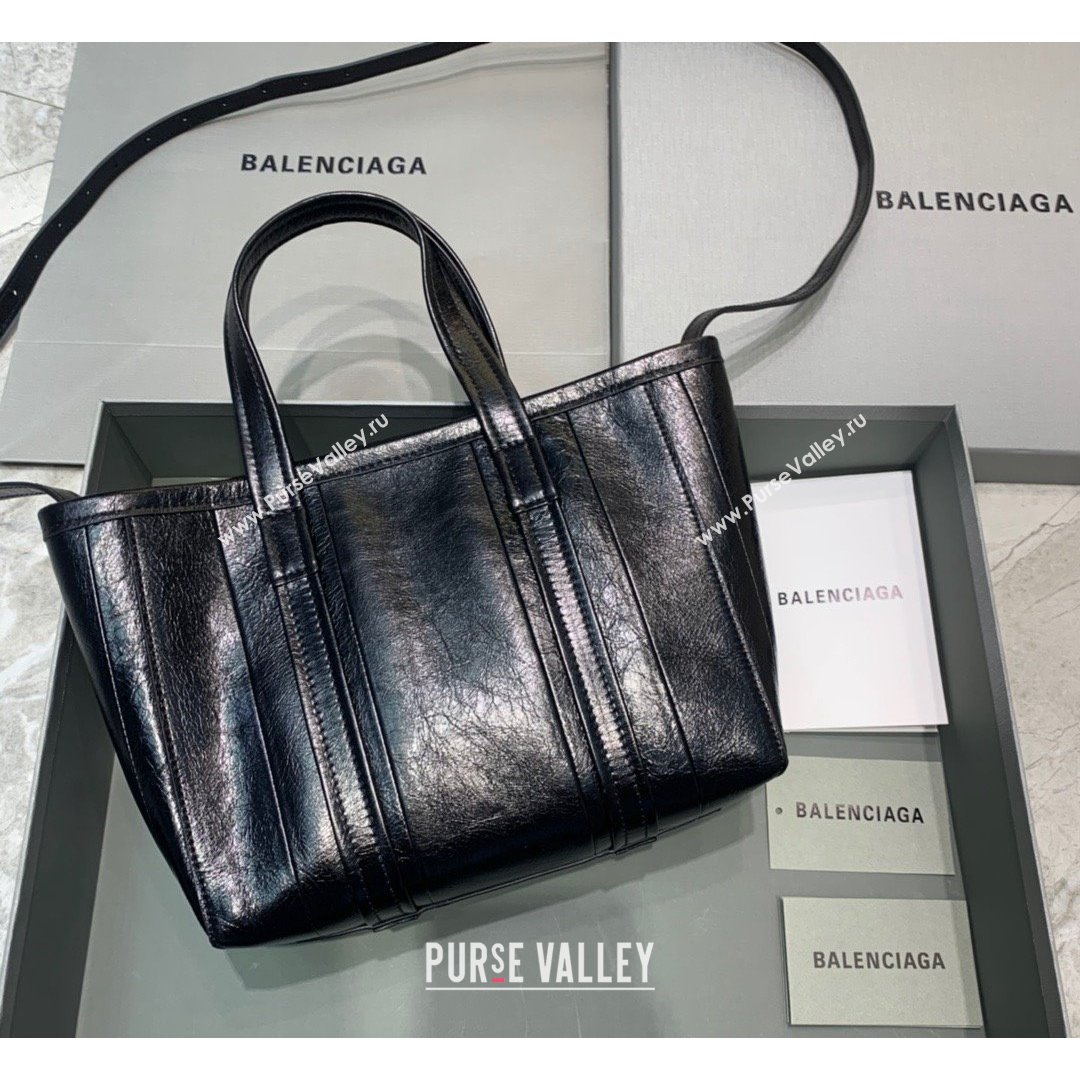 Balenciaga Barbes Small East-West Shopper Bag in Striped Lambskin Black Leather 2021 (JM-21091028)