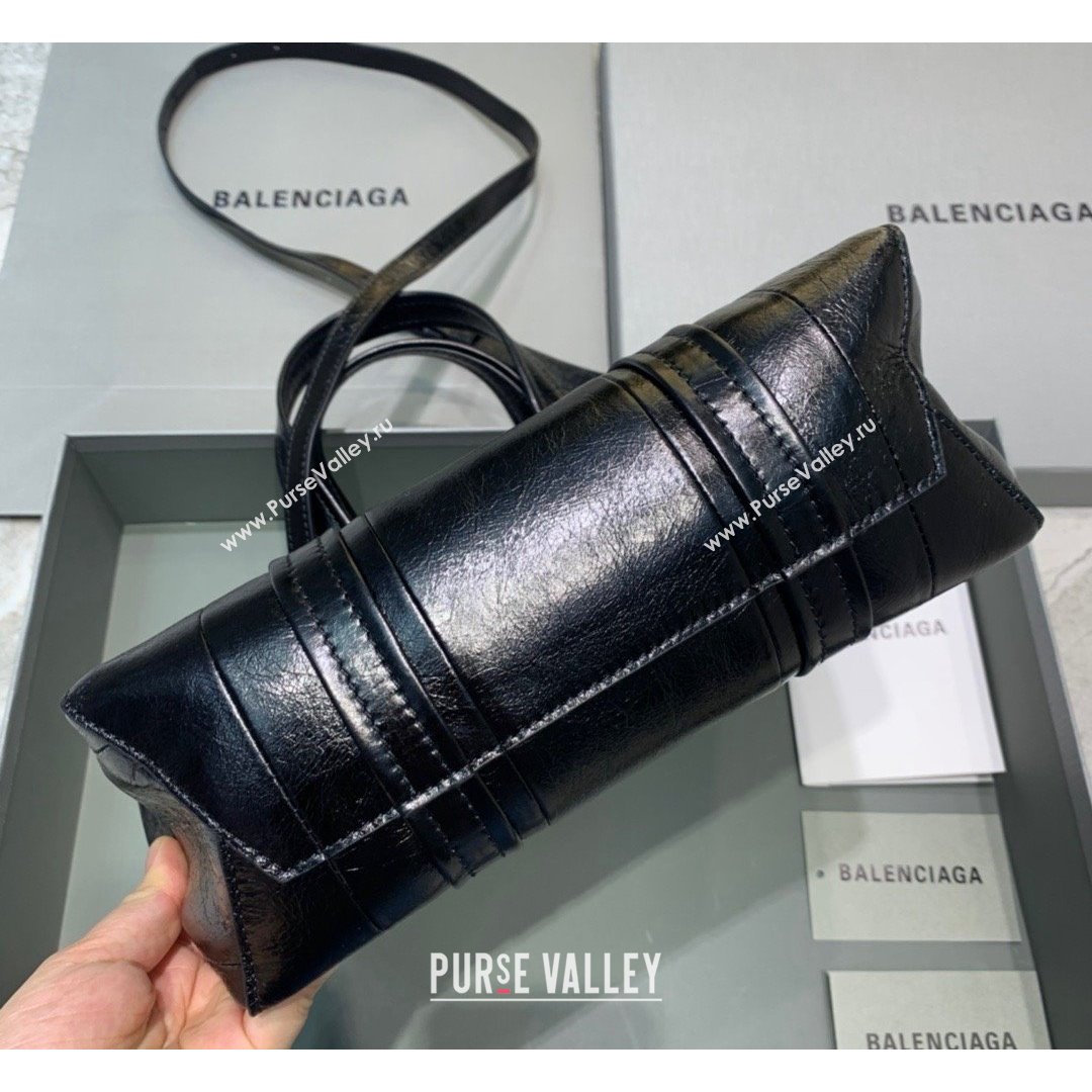 Balenciaga Barbes Small East-West Shopper Bag in Striped Lambskin Black Leather 2021 (JM-21091028)