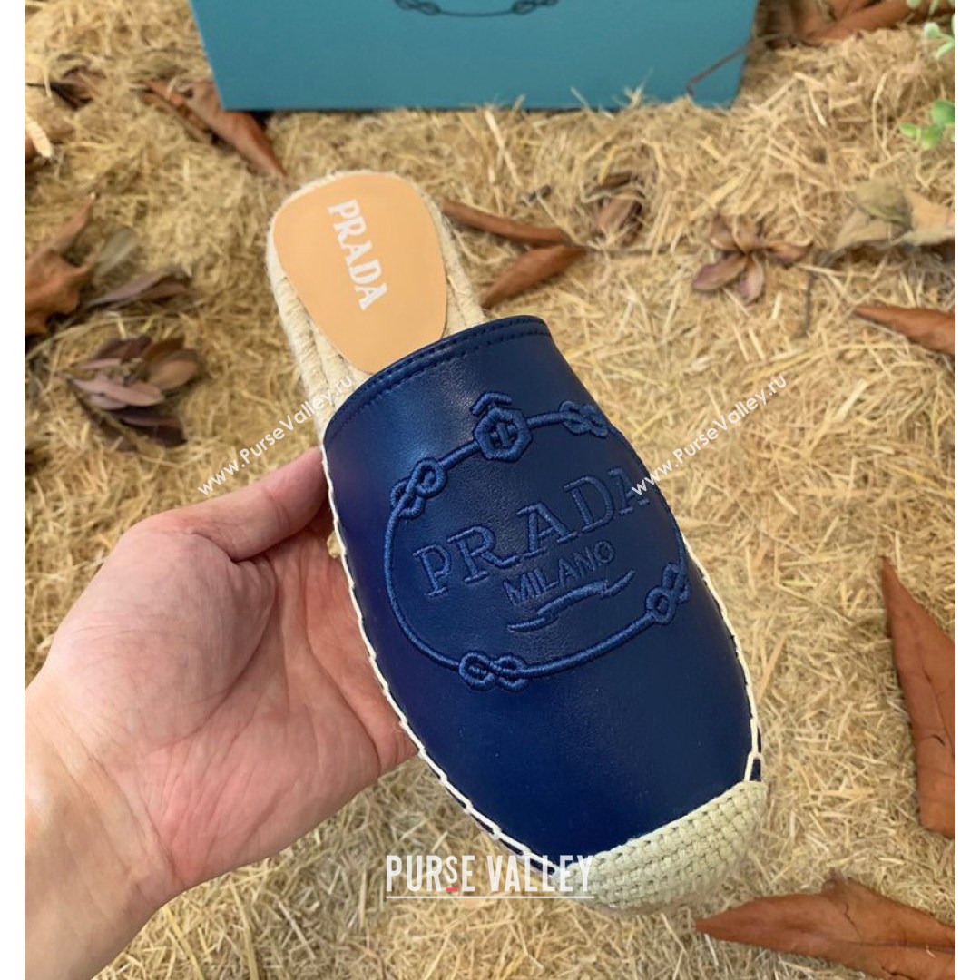 Prada Lambskin Logo Embroidered Espadrille Mules Blue 2021 (HB-21081307)