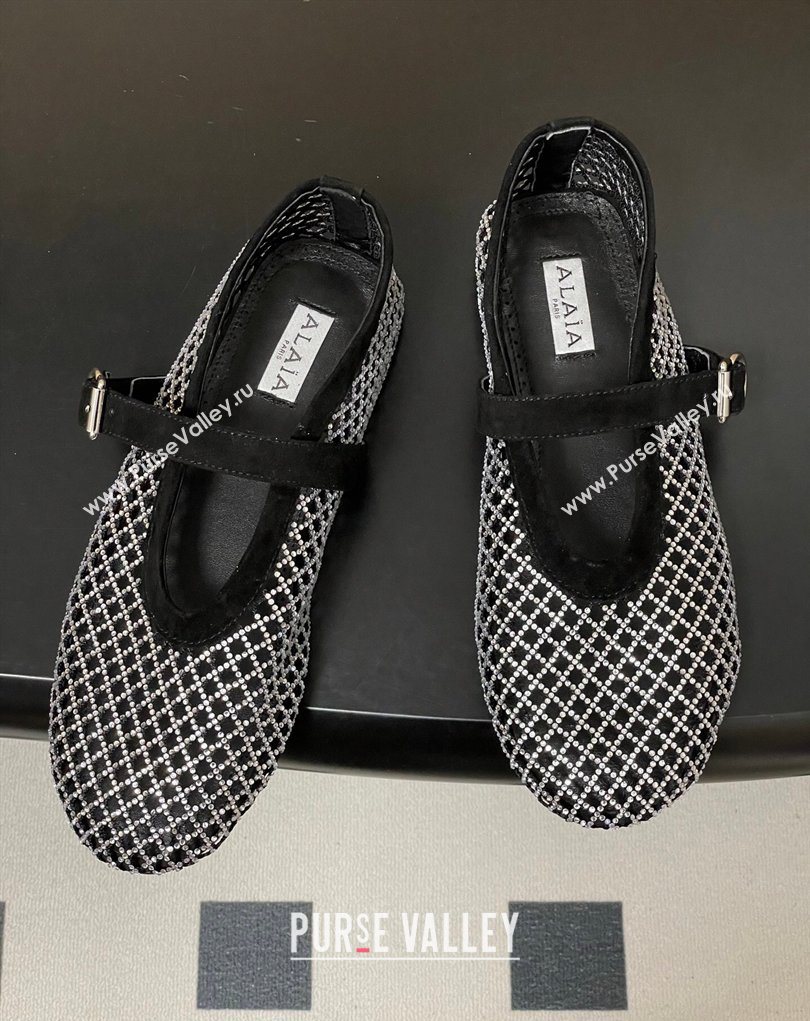 Alaia Ballet Flats in Fishnet and Suede with Strass Black/Silver 2025 AL020702 (MD-260207074)