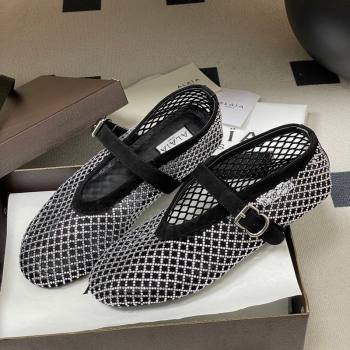 Alaia Ballet Flats in Fishnet and Suede with Strass Black/Silver 2025 AL020702 (MD-260207074)