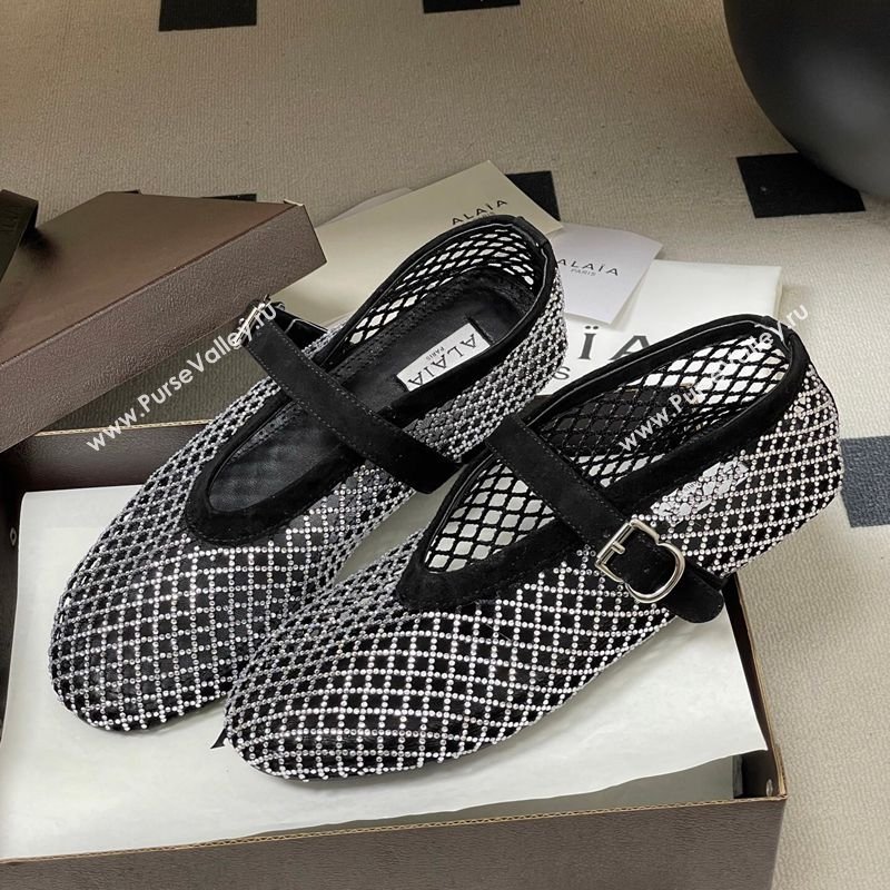 Alaia Ballet Flats in Fishnet and Suede with Strass Black/Silver 2025 AL020702 (MD-260207074)