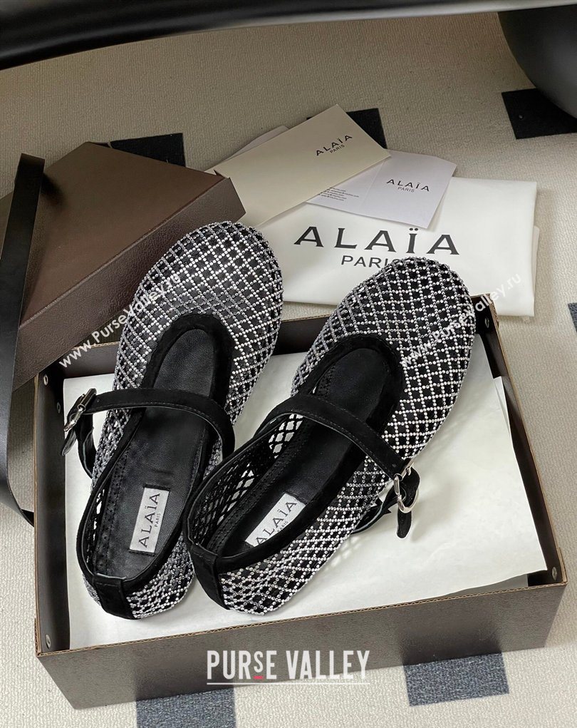 Alaia Ballet Flats in Fishnet and Suede with Strass Black/Silver 2025 AL020702 (MD-260207074)