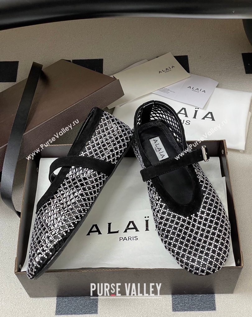 Alaia Ballet Flats in Fishnet and Suede with Strass Black/Silver 2025 AL020702 (MD-260207074)