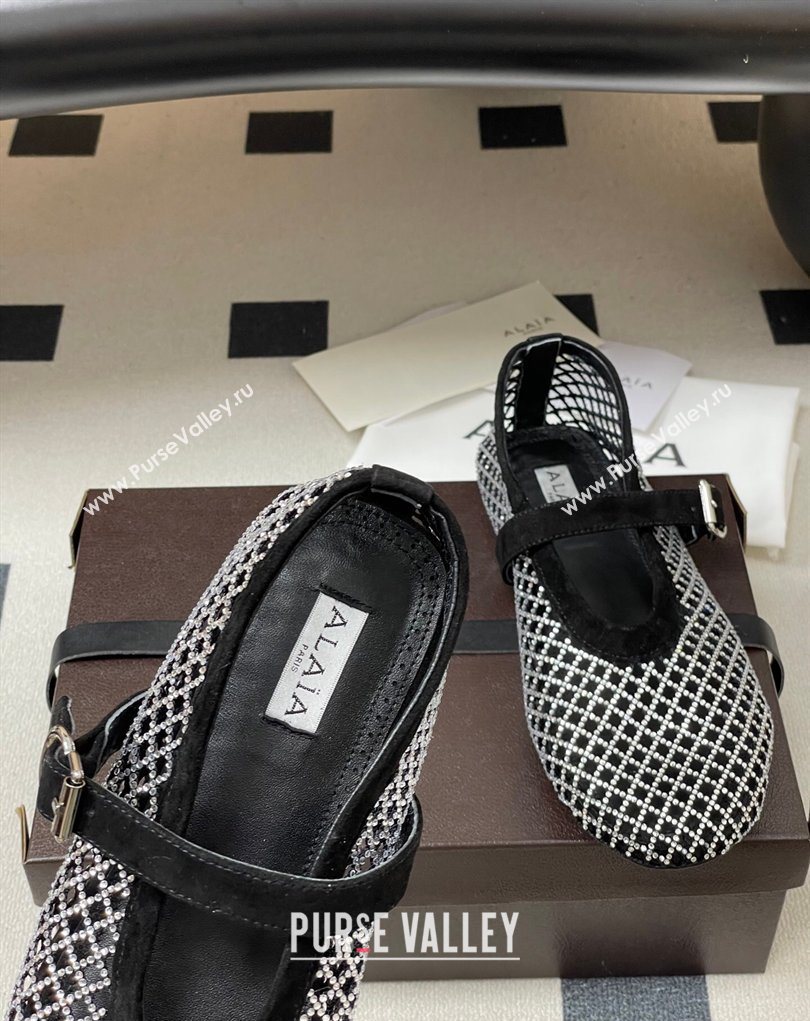 Alaia Ballet Flats in Fishnet and Suede with Strass Black/Silver 2025 AL020702 (MD-260207074)