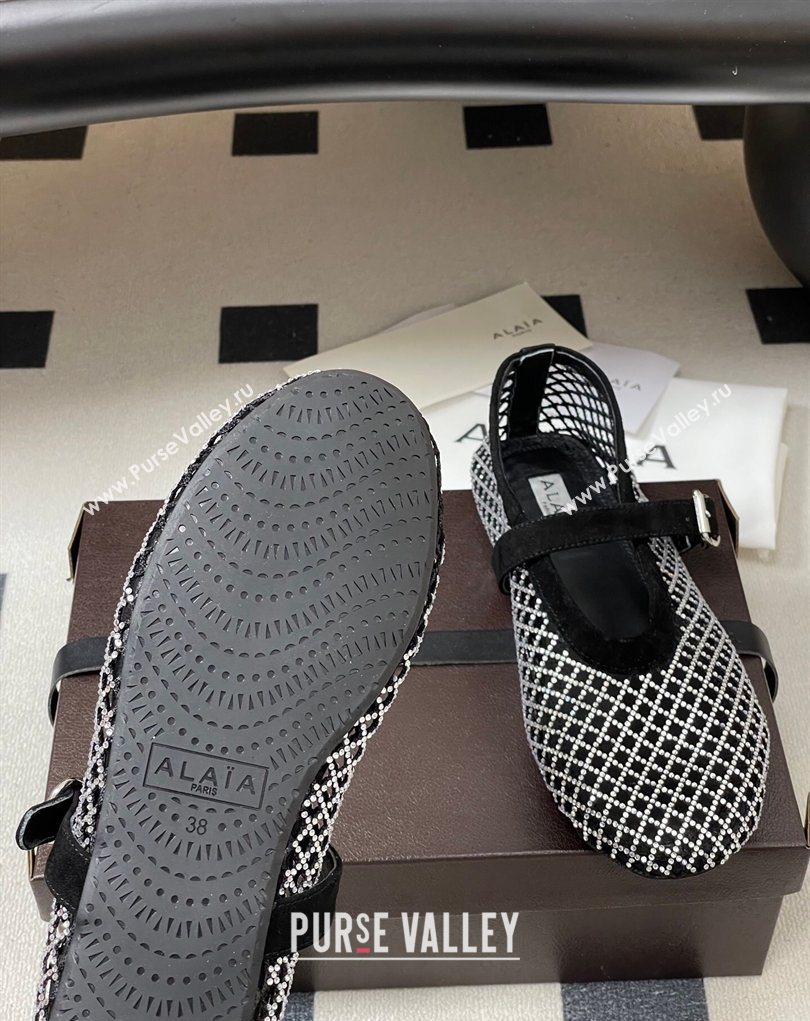 Alaia Ballet Flats in Fishnet and Suede with Strass Black/Silver 2025 AL020702 (MD-260207074)