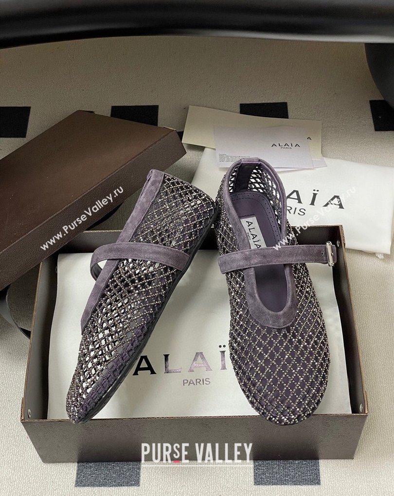 Alaia Ballet Flats in Fishnet and Suede with Strass Purple 2025 AL020702 (MD-260207075)