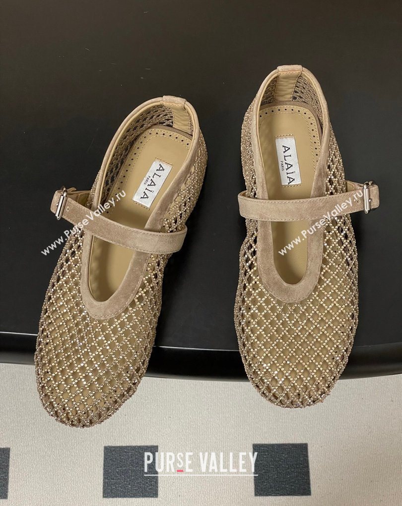 Alaia Ballet Flats in Fishnet and Suede with Strass Taupe 2025 AL020702 (MD-260207076)