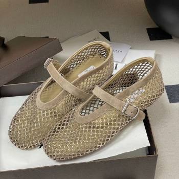 Alaia Ballet Flats in Fishnet and Suede with Strass Taupe 2025 AL020702 (MD-260207076)