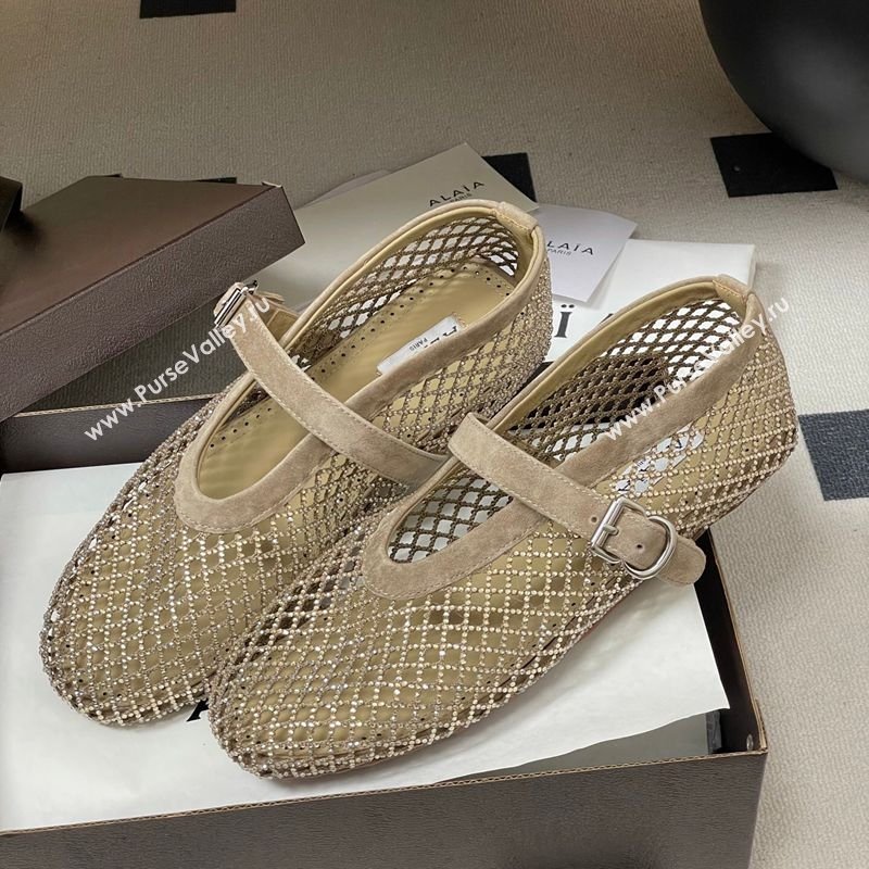 Alaia Ballet Flats in Fishnet and Suede with Strass Taupe 2025 AL020702 (MD-260207076)