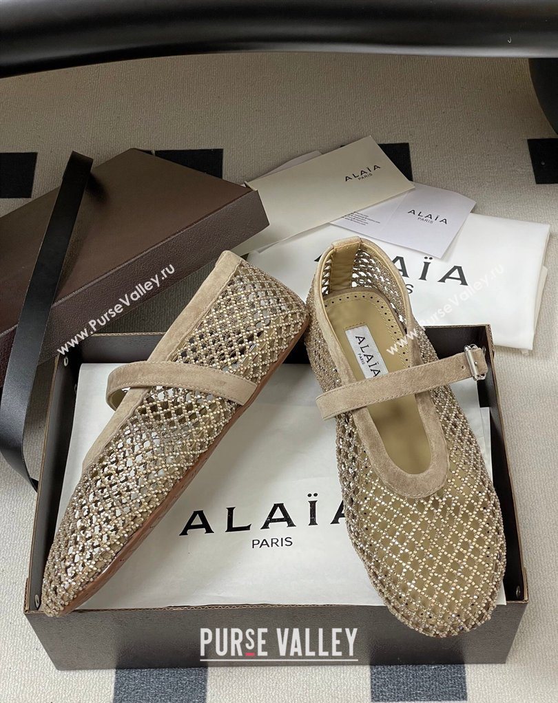 Alaia Ballet Flats in Fishnet and Suede with Strass Taupe 2025 AL020702 (MD-260207076)