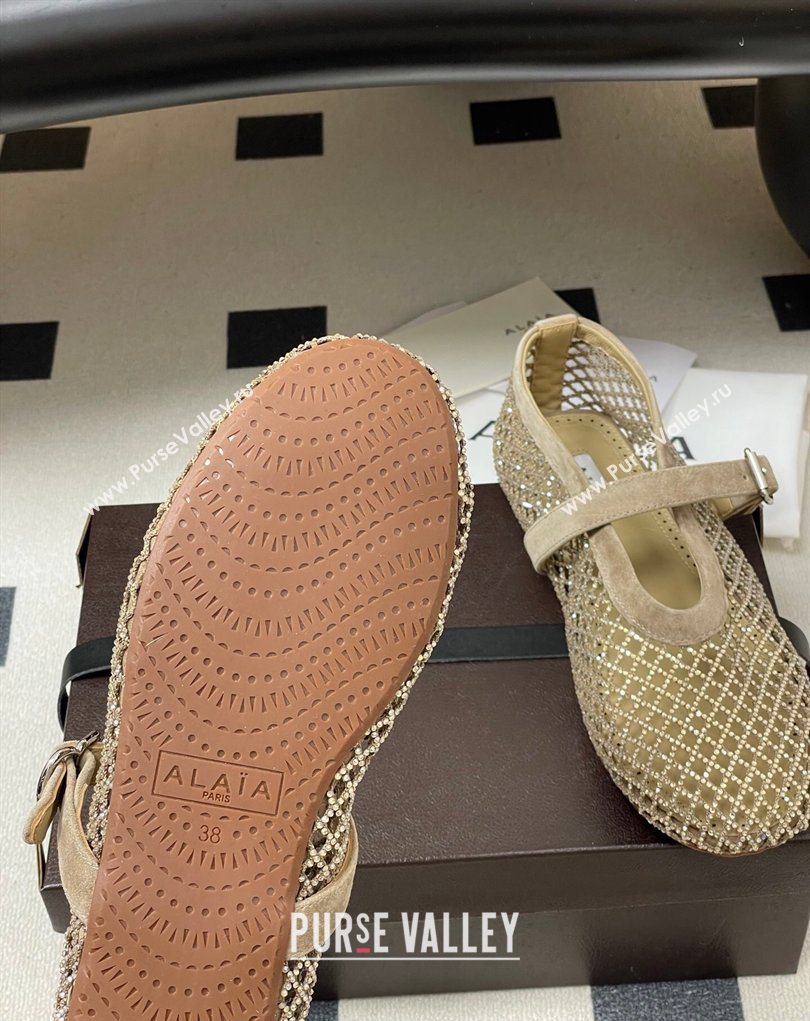 Alaia Ballet Flats in Fishnet and Suede with Strass Taupe 2025 AL020702 (MD-260207076)