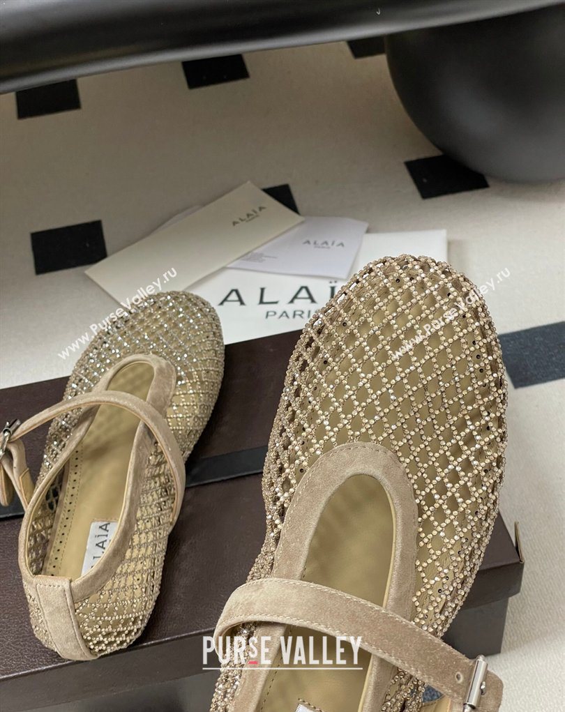 Alaia Ballet Flats in Fishnet and Suede with Strass Taupe 2025 AL020702 (MD-260207076)