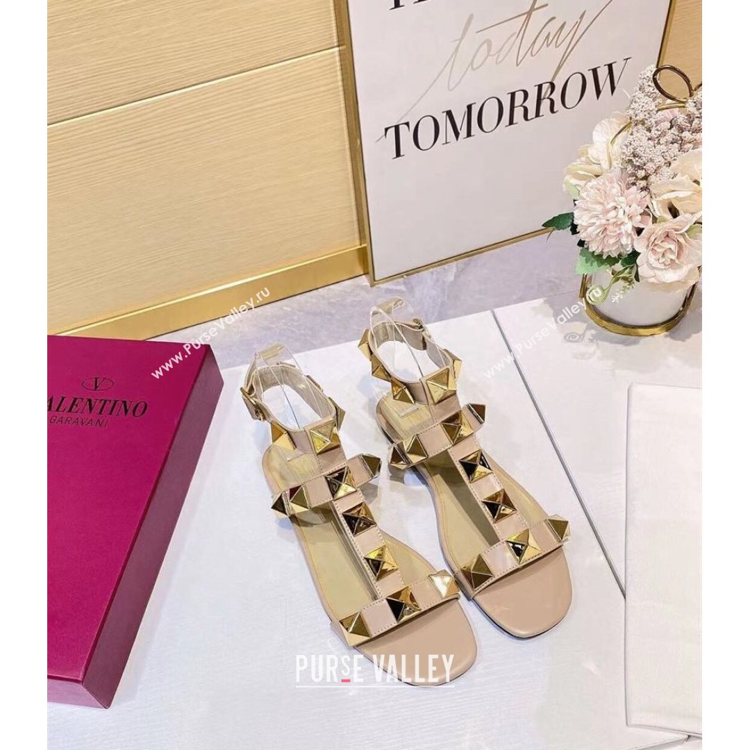 Valentino Roman Stud Calfskin Strap Flat Sandals Beige 2021 (XL-21081316)