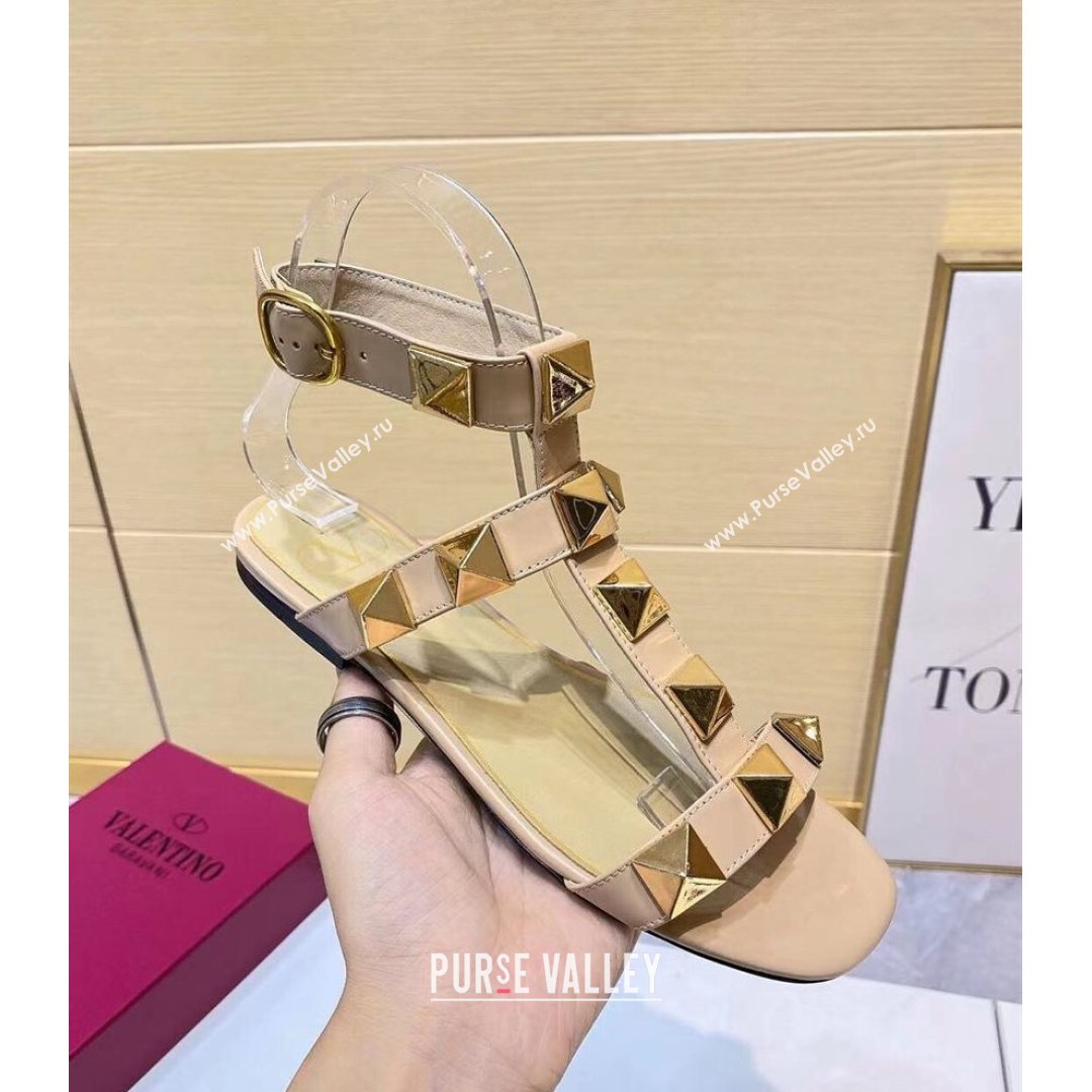 Valentino Roman Stud Calfskin Strap Flat Sandals Beige 2021 (XL-21081316)