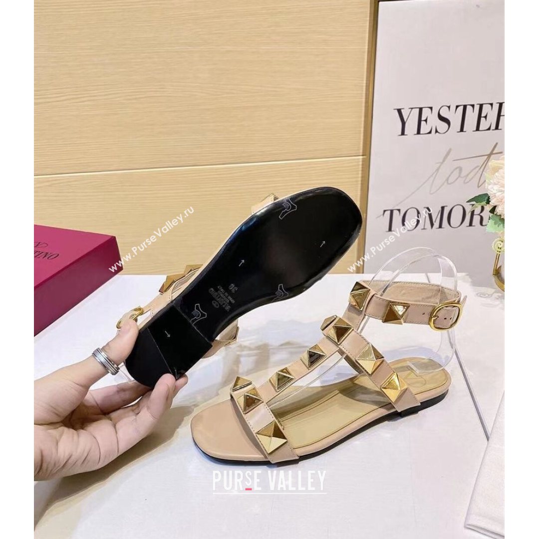 Valentino Roman Stud Calfskin Strap Flat Sandals Beige 2021 (XL-21081316)