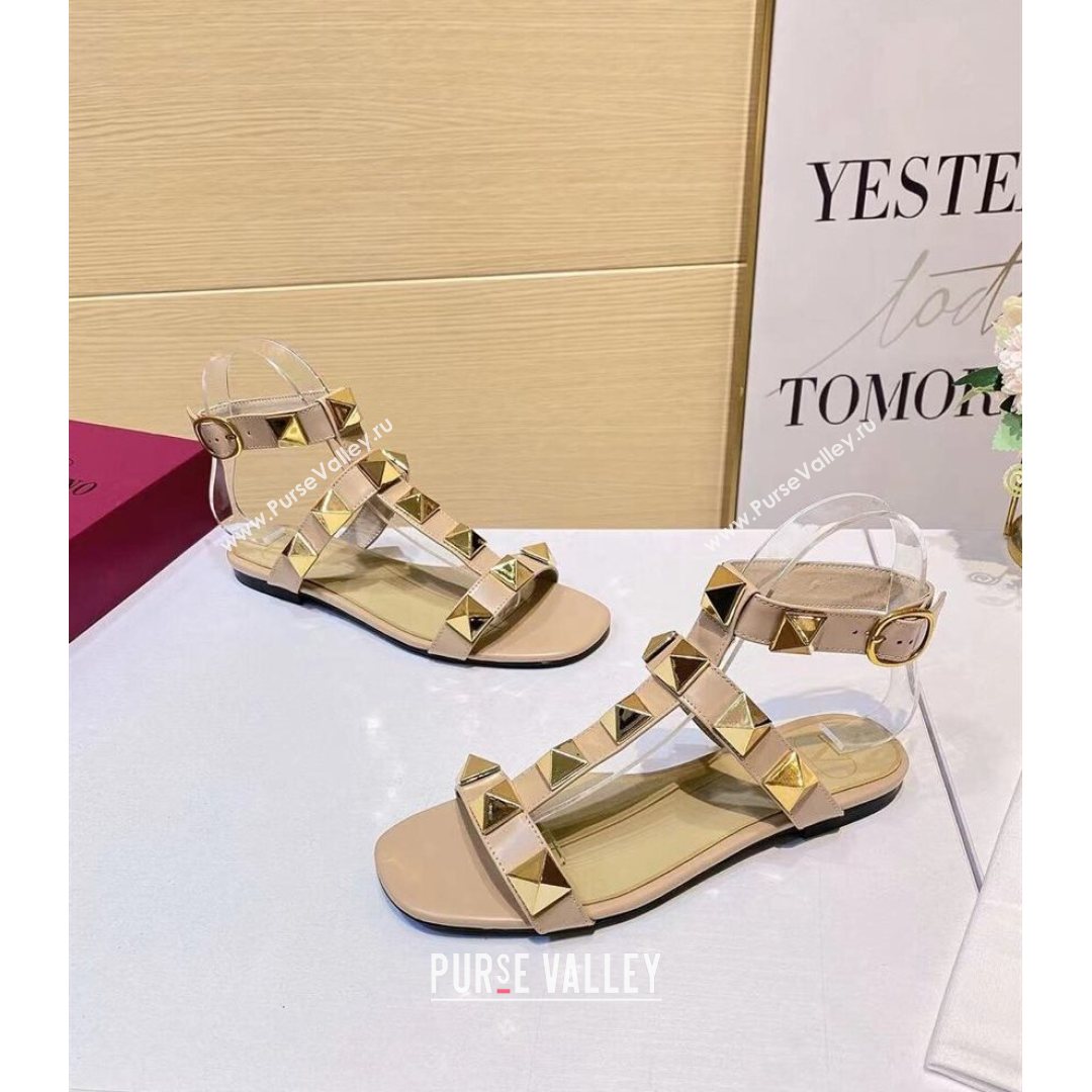 Valentino Roman Stud Calfskin Strap Flat Sandals Beige 2021 (XL-21081316)