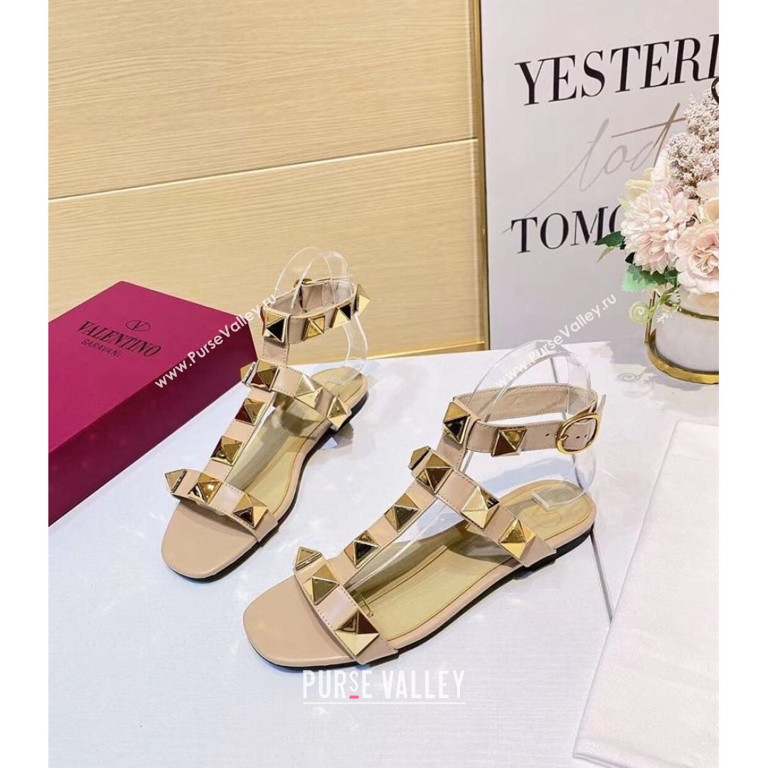 Valentino Roman Stud Calfskin Strap Flat Sandals Beige 2021 (XL-21081316)