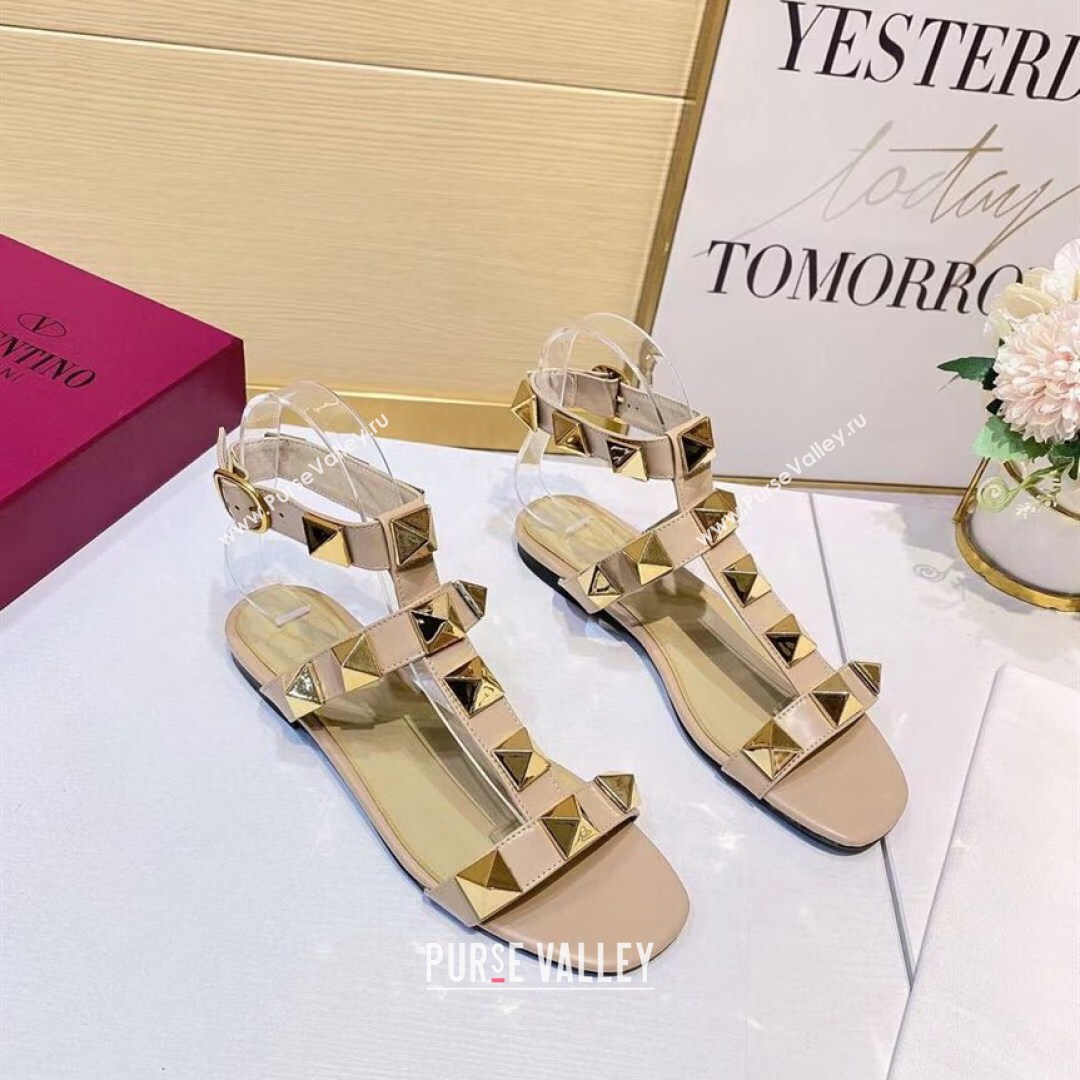Valentino Roman Stud Calfskin Strap Flat Sandals Beige 2021 (XL-21081316)