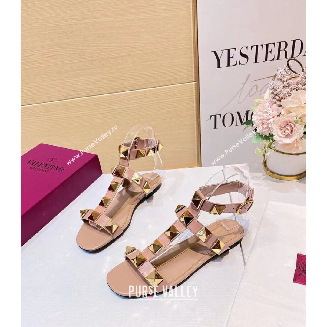 Valentino Roman Stud Calfskin Strap Flat Sandals Nude Pink 2021 (XL-21081318)