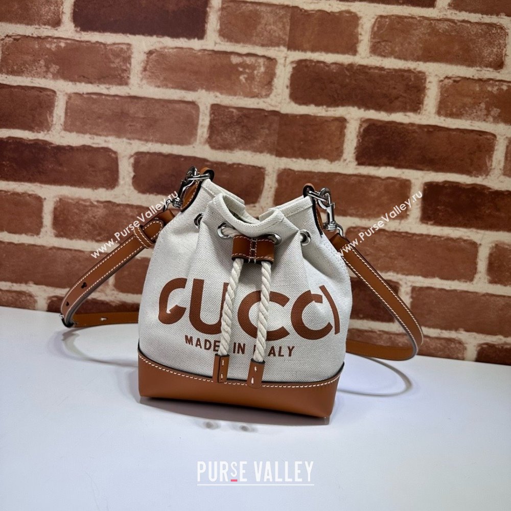 Gucci Canvas Mini Bucket bag with GUCCI Print 777166 Beige/Brown 2024 (DLH-25011107)