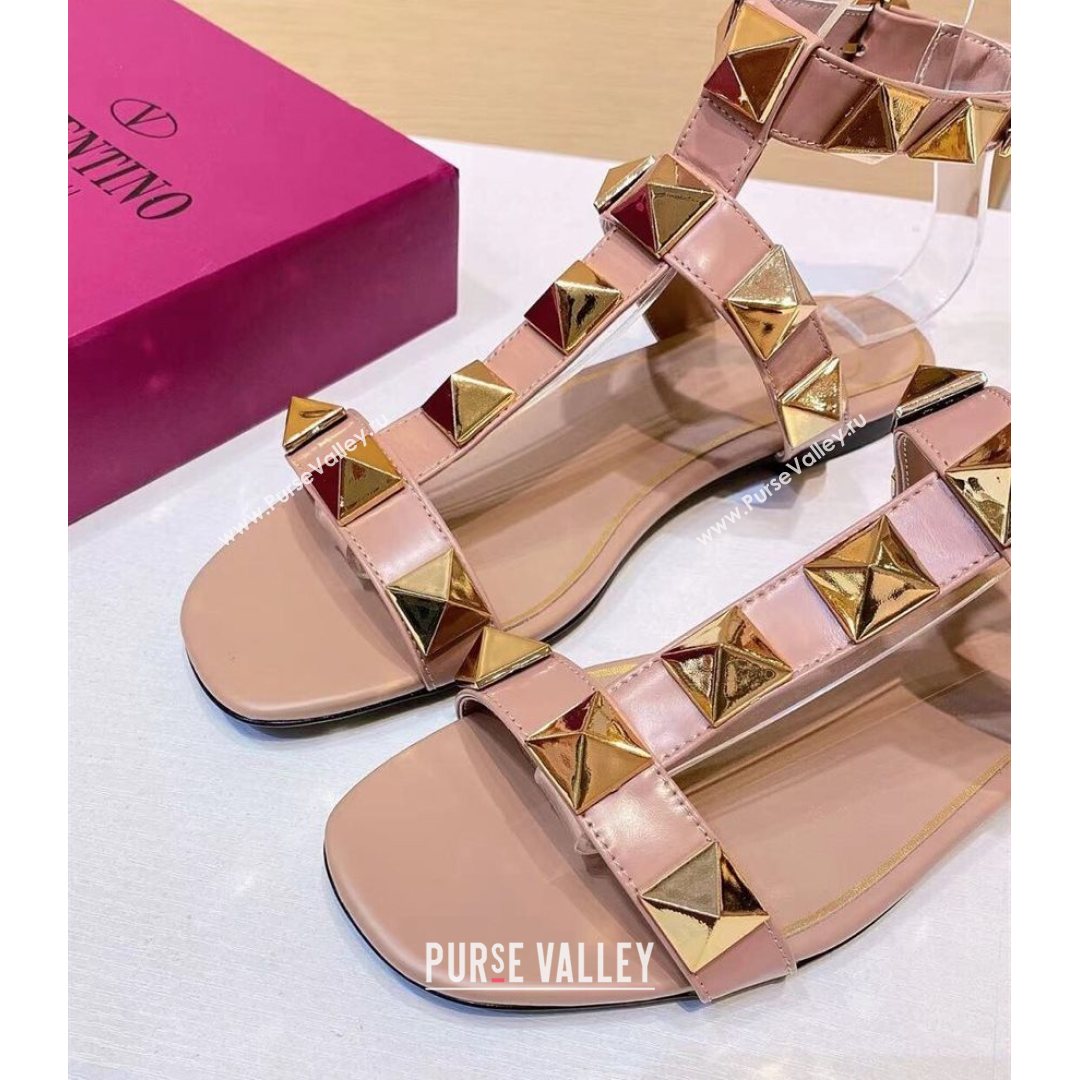 Valentino Roman Stud Calfskin Strap Flat Sandals Nude Pink 2021 (XL-21081318)