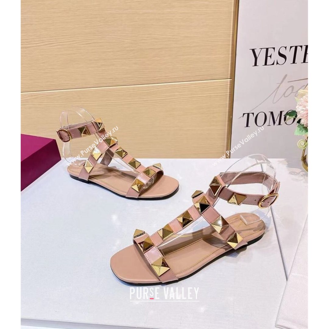 Valentino Roman Stud Calfskin Strap Flat Sandals Nude Pink 2021 (XL-21081318)