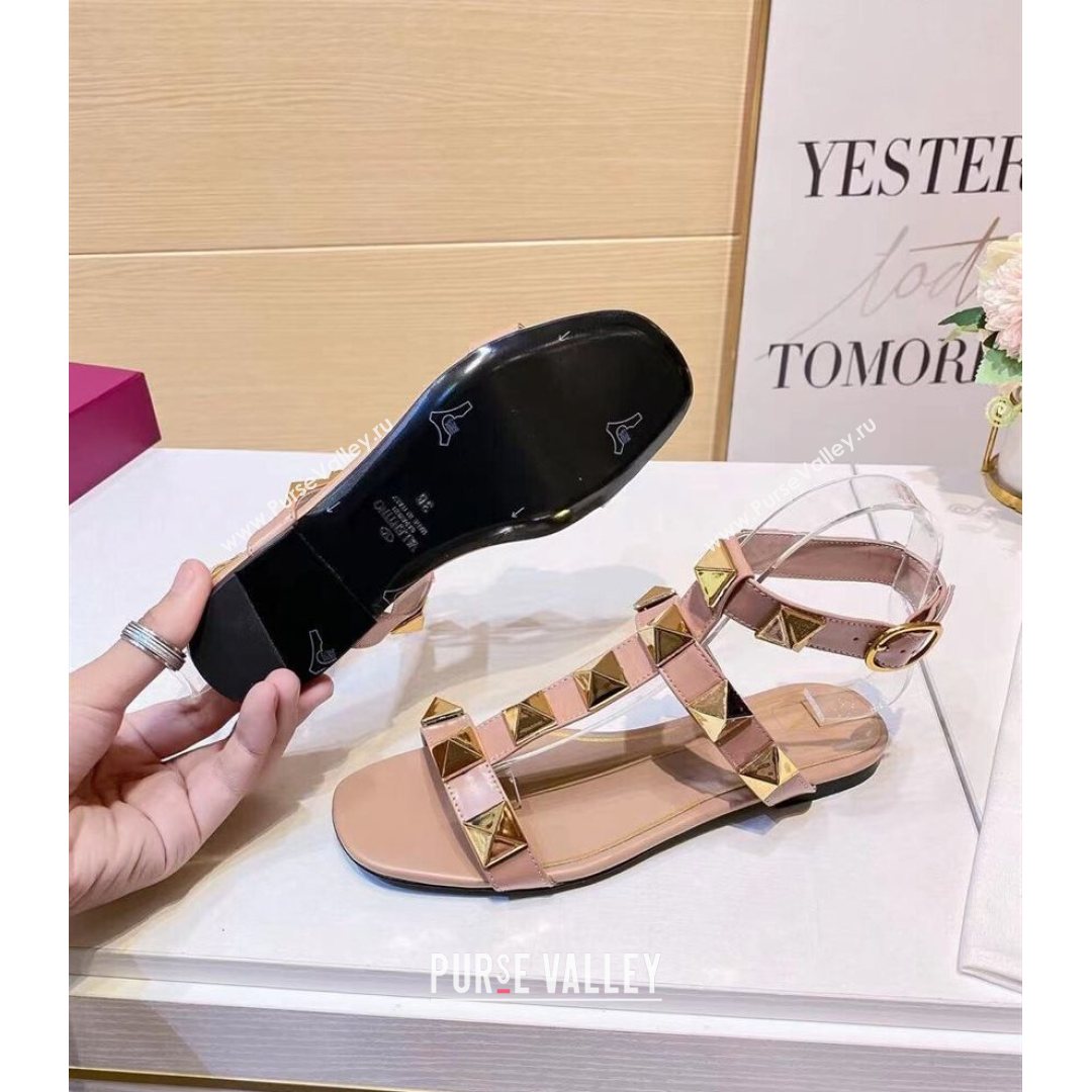 Valentino Roman Stud Calfskin Strap Flat Sandals Nude Pink 2021 (XL-21081318)